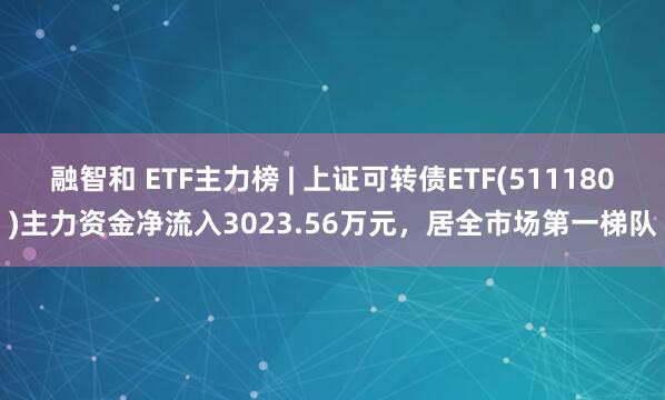 融智和 ETF主力榜 | 上证可转债ETF(511180)主力资金净流入3023.56万元，居全市场第一梯队